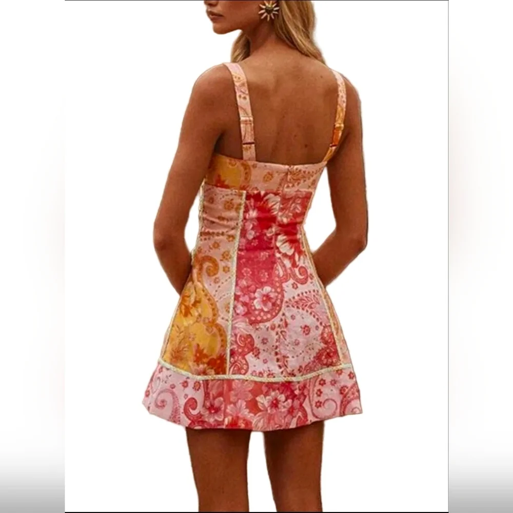 Floral Lace-Up Corset Contrast Piping Sleeveless Retro Sweetheart Mini Dress